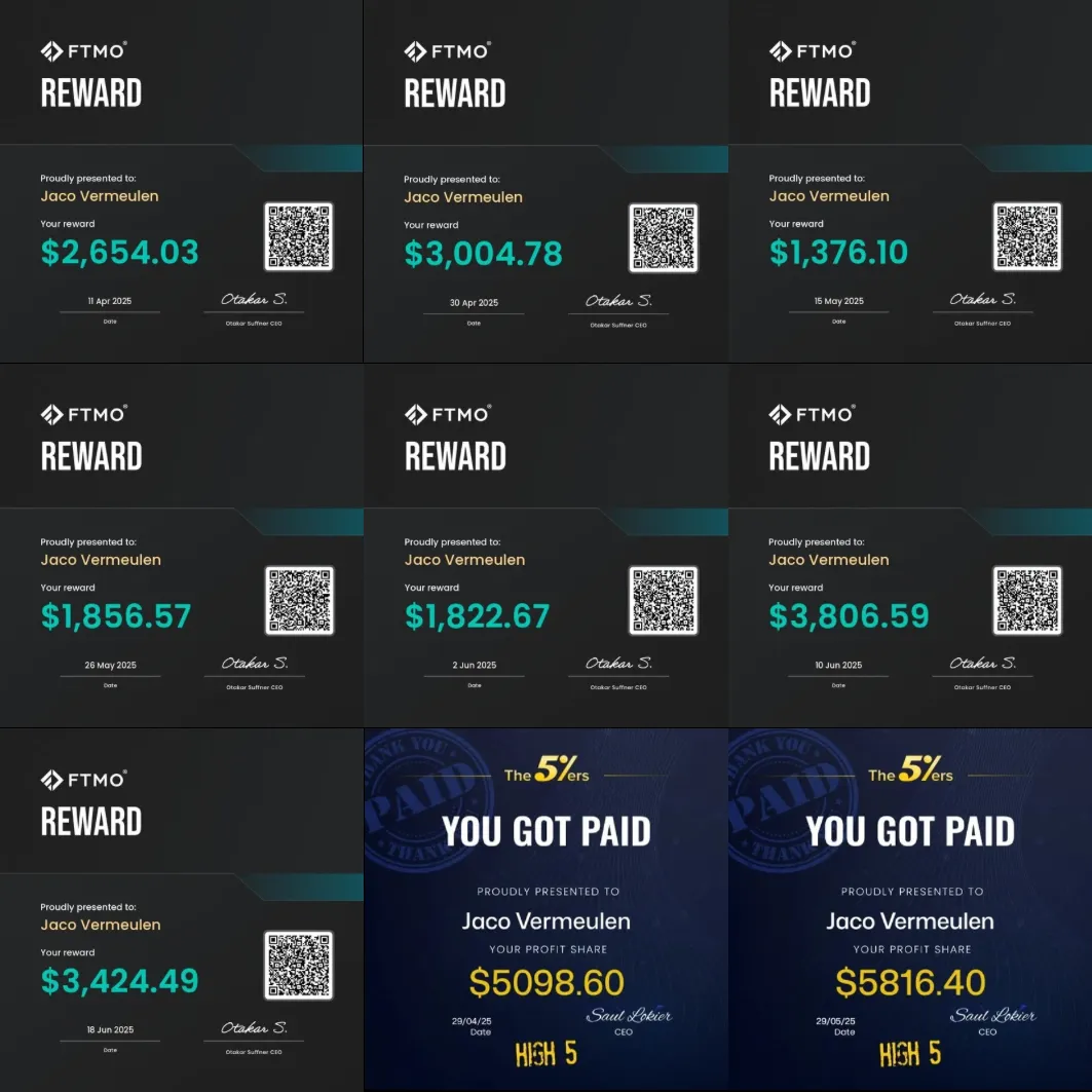 Jaco Vermeulen's FTMO payout certificates — proof of consistent withdrawals